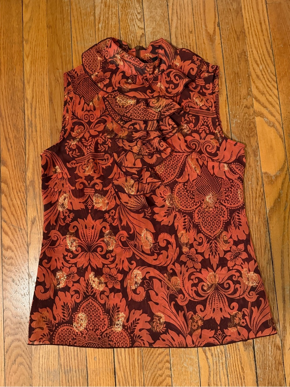 Anna Sui Rust and Burgundy Floral Ruffle Shell Top
